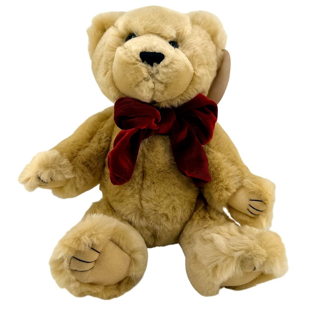 Jointed Bear Ultra Soft Plush Fur Red Velvet Bow Vintage Style Stuffed Animal